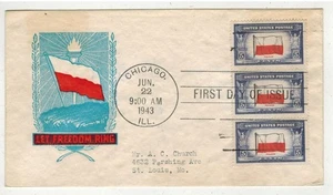 1943 WW2 Patriotic FDC STRIP OF 3 OVERRUN COUNTRIES 909 POLAND CHICAGO CXL - Picture 1 of 1