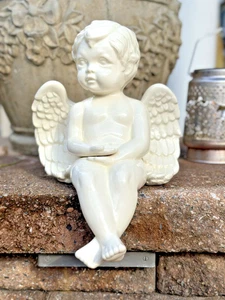 Cherub Angel with Wings Statue Glossy White Porcelain - Picture 1 of 7