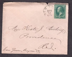 Dec 31 c 1880's 3c banknote cover New York to Miss Kate J Anthony Providence RI - Picture 1 of 1