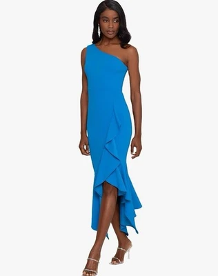 NUEVO CON ETIQUETAS XSCAPE Vestido Para Mujer Azul Midi Un Hombro Buceo Crepé Volantes Talla 8 Foto 1 de 4
