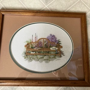 Garden Bench Completed Cross stitch picture framed matted 15 X 12" - Picture 1 of 4