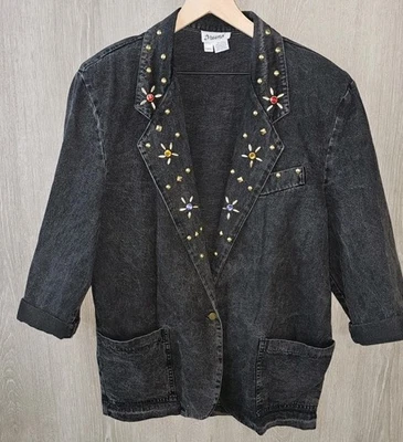 Chaqueta Blazer De Colección Años 80 90 Lavado Ácido Negra Denim Tachonada Estrás Joya Foto 1 de 4