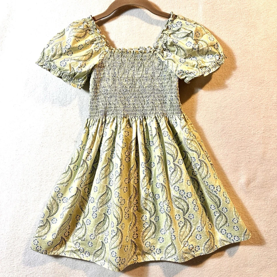 Vestido Hill House para meninas 11/12 verde folhas manchadas manga folhada 100% algodão - Imagem 1 de 4