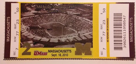 2010 Michigan Wolverines Massachusetts UMass Ticket Stub Football Cover