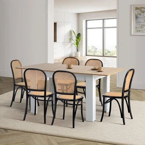 Oikiture 160cm Extendable Dining Table with 6PCS Dining Chairs Rattan White - Picture 1 of 10