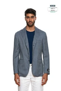 BELVEST Blue Houndstooth Wool Linen Jacket Blazer 46 US / 56 EU 7 R - Picture 1 of 7