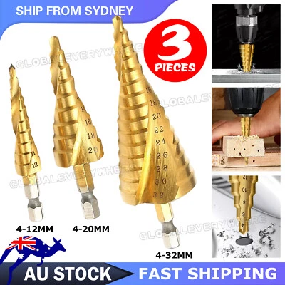 3PCs HSS Steel Step Cone Drill Titanium Metal Hole Cutter Bit Set 4-12/20/32mm - image 1 of 4