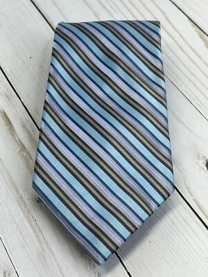 Claiborne Mens Necktie Blue Tan Silver Gray Striped Silk Classic Handmade 4x58” - Image 1 of 4