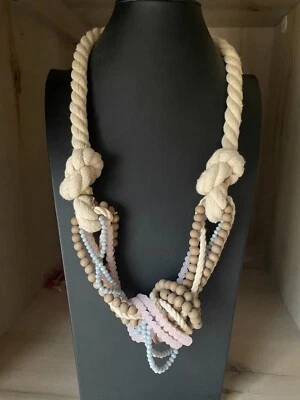 Collar artesanal costero anudado cuerda bronceada piedras preciosas madera grueso cuentas llamativo Foto 1 de 4