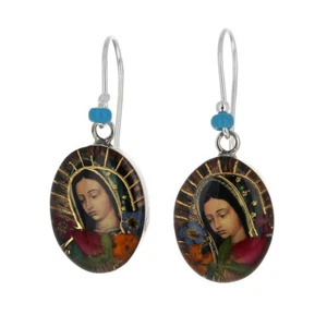 Sterling Silver, Guadalupe Earrings, Oval pictures of Guadalupe, Dangle & Drop, - Picture 1 of 2