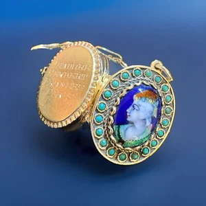 Vintage French 14kt Yellow Gold & Enameled Portrait Hinged Locket - 17.5 Grams - Picture 1 of 5