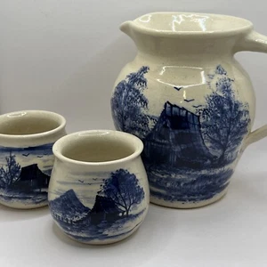 Vtg STORIE Texas USA Blue HandPainted Stoneware Farm Art Pottery Jug Pitcher Cup - Picture 1 of 15