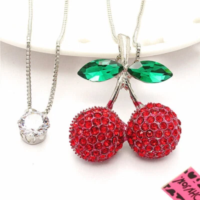 Nuevo Moda Mujeres Rojo Cristal Cereza Circonita cúbica Dije Doble Colgante Suéter Collar Foto 1 de 4