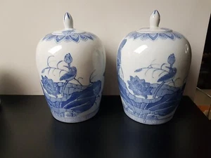 Chinese Pale Blue + White Pair Set 2 Large Lidded Urn Ginger Jar Porcelain Pots - Picture 1 of 24
