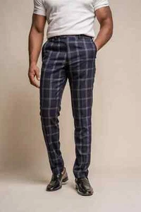  Herren marineblau karierte Hose schmale Passform Anzug Hose Taille 46 Zoll Cavani robust - Bild 1 von 1
