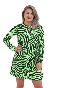 Womens Long Sleeve Stretchy Flare Swing Dress Neon Colours Zebra Print Mini Top - Picture 1 of 18