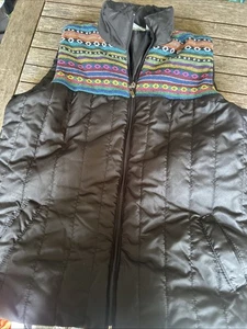 Mountain Lake Puffer Vest Medium Colorful Embroidery Aztec Boho Black Vintage - Picture 1 of 8