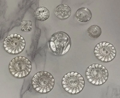 Vintage  12 Czech Clear Depression Crystal Glass Crafting Buttons 107-11 - Image 1 of 4