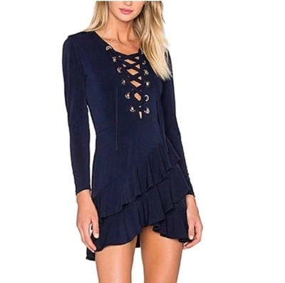 VENUS Dress Size M Navy Blue Lace Up Tiered Ruffle Asymmetrical Nautical Flirty - Image 1 of 4