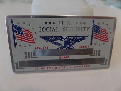 PERMA CARD VINTAGE METAL SOCIAL SECURITY CARD--USA Flag & Eagle, New-Mint Silver in color