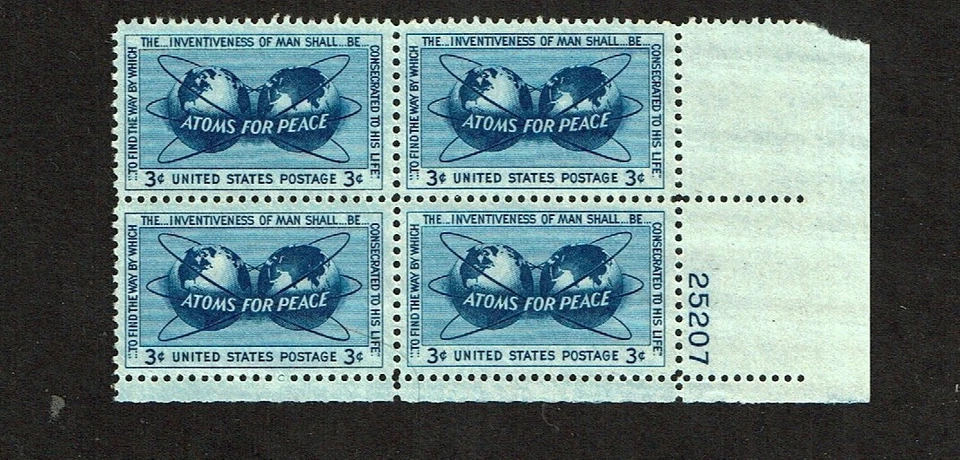 1955 U.S. Commemorative 3c ATOMS FOR PEACE  Plt#Blk  Sc#1070 M/NH/OG - Image 1 of 1