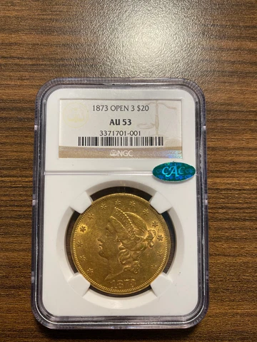 1873 Open 3 Three $20 Liberty Head Gold Twenty Dollar Double Eagle NGC AU 53 CAC Cover