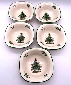 Spode Vintage 1938 Christmas Tree Pattern 5" Square Holiday Bowls Set of 5 - Picture 1 of 9