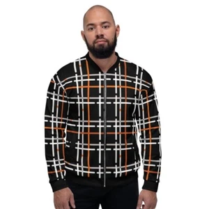 Mens Jacket - Tartan Plaid Colorblock Bomber Jacket Black/multicolor - Picture 1 of 12