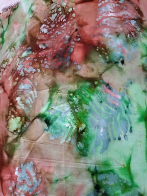 Vntg Sewing Fabric Batik Hand Dye Fern Leaf Green Rust 1.5ydx43" Less 5" Sq Cut - Image 1 of 4