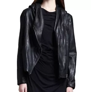 Women Black Hooded Leather Jacket, Leather Jackets, Hoodies - Picture 1 of 3