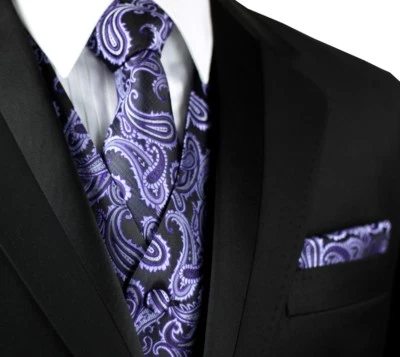 JUEGO CHALECO ESMOQUIN FORMAL PAISLEY MORADO PARA HOMBRE, CORBATA Y PAÑUELO. BODA, FORMAL, PROM Foto 1 de 4