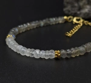 Blue Flashy Labradorite & Moonstone 2 Faceted Rondelle Beads Woman Bracelet 6-8" - Picture 1 of 12