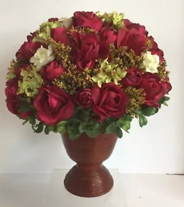 Stunning Silk Flower Arrangement Realistic Burgundy Roses In Planter - Picture 1 of 11