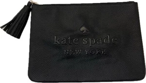 Kate Spade New York Sienna Logo Black Leather zipper Clutch Pouch Tassel - Picture 1 of 16