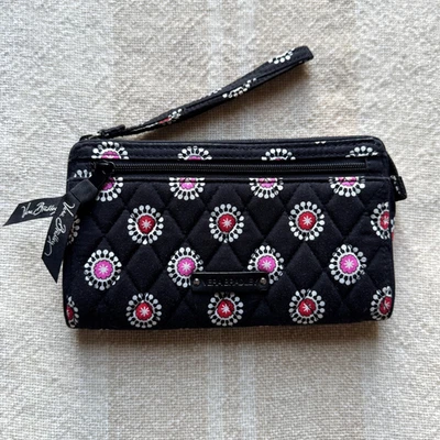 Vera Bradley Parisian Pom Pom Wristlet Black Background Red Pink White Circles - Image 1 of 4