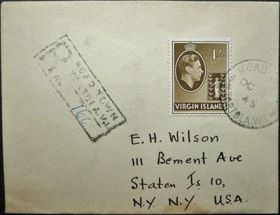 VIRGIN ISLANDS 1 OCT 1945 KGVI REGISTERED COVER FROM "ROAD TOWN TORTOLA" TO USA — 第 1/2 张图片