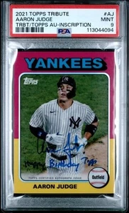 2021 TOPPS TRIBUTE #AJ AARON JUDGE HAPPY BIRTHDAY AUTO INSCRIPTION PSA 9 MINT - Picture 1 of 2