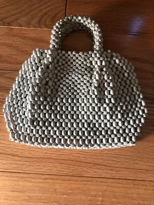 vintage wooden beaded handbag purse made in Czechoslovakia, white/ ivory  - Image 1 of 4