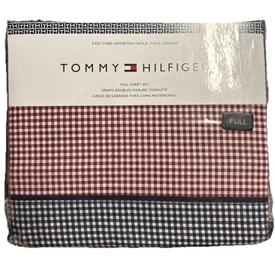 TOMMY HILFIGER Designer FULL Sheet Set Navy Blue Burgundy Gingham Cotton Blend - Image 1 of 3