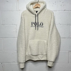 Polo Ralph Lauren Logo Pile Fleece Hoodie “Cream Navy” Men’s Large Worn - Picture 1 of 8