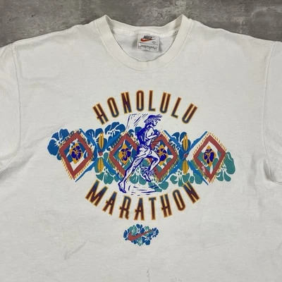 vintage 1995 NIKE HONOLULU MARATHON swoosh t shirt L 90s run Hawaii double sided - Image 1 of 4