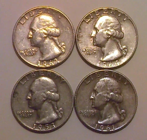 Lot of 4 Silver Quarters: 1953-D, 1961-D, 1962-D, 1964-D - Picture 1 of 2