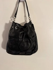 Women "Coach" black drawstring leather satchel with teal lining. - Picture 1 of 5