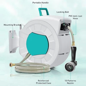 Retractable Garden Hose Reel,1/2 in x 100 ft Wall Mounted Hose Reel, 10-Pattern - Picture 1 of 9