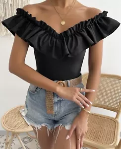 Boutique Off Shoulder Ruffle Trim Fitted Top Size Large - Picture 1 of 7