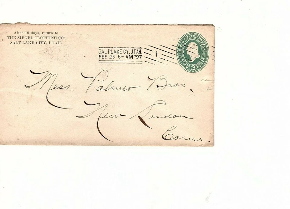 1897 Cover to salt lake city to new london  on 2c Green Entire business (mb16 - Image 1 of 1