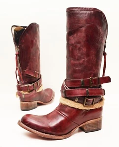 Freebird by Steven DROVER Rare Distressed Red Leather Strappy Buckle Boots  Sz 7 - Picture 1 of 14