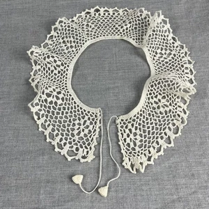 Vintage Handmade Cream Crochet Dress Collar With Ties Cotton Yarn - Picture 1 of 5