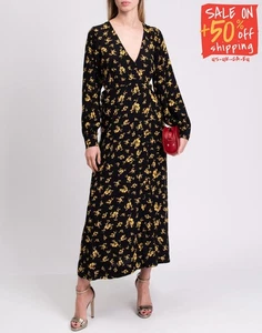 RRP€223 GANNI Midi Wrap Dress EU34 US4 UK8 S Black Floral Tie Waist Deep V Neck - Picture 1 of 9