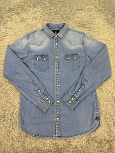 Zara Shirt Mens Small Denim Pearl Snap Fading Slim Fit Modern Cowboy Western - Picture 1 of 8